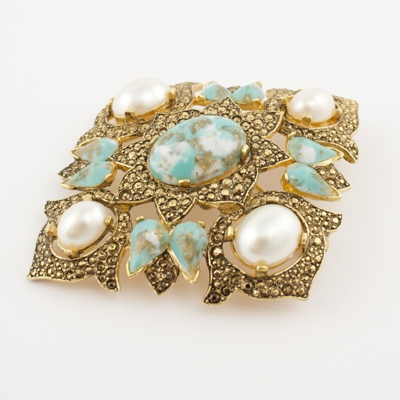 Vintage Sarah Coventry Faux Turquoise & Faux Pearl Pendant / Brooch Pin 1960s - Picture 2 of 7